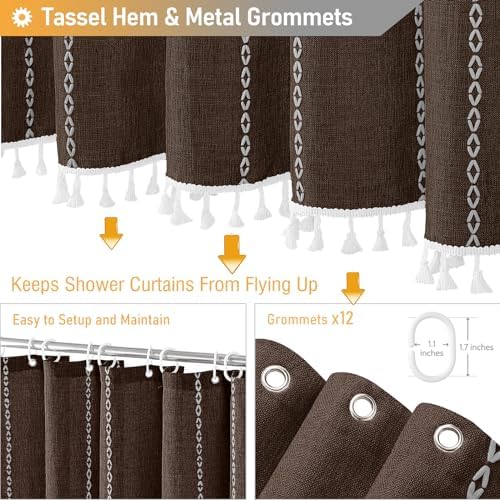 BTTN 72x96 Extra Long Boho Linen Heavy Duty Cloth Shower Curtain Set, Brown
