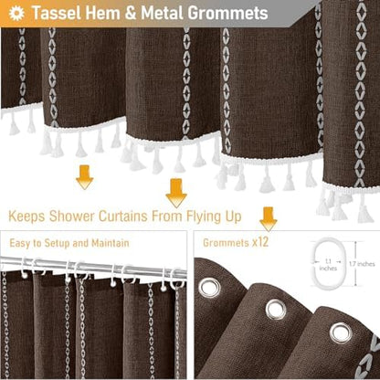 BTTN 72x96 Extra Long Boho Linen Heavy Duty Cloth Shower Curtain Set, Brown