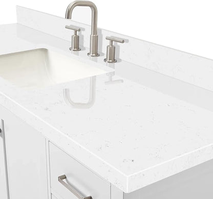 ARIEL Cambridge 60-inch Bathroom Vanity with Sink,Solid Wood, 1.5-inch Carrara White Quartz Countertop, Single Rectangular Porcelain Sink, 2 Soft Closing Doors, 9 Dovetail Drawers, White