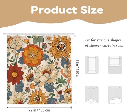 Orange Boho Floral Shower Curtain for Bathroom 72 x 72 inch