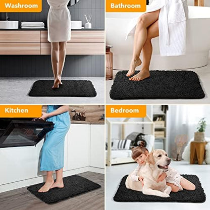 Yeaban Chenille Black Bathroom Rug 26"x44", Non-Slip Rubber Backing