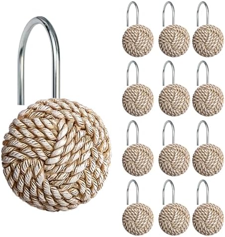 Sunlit Boho Knots Shower Curtain Hooks, Home Decorative Shower Curtain Rings for Bathroom, Seaside Nautical Shower Curtain Hangers Bathroom Accessories, Set of 12