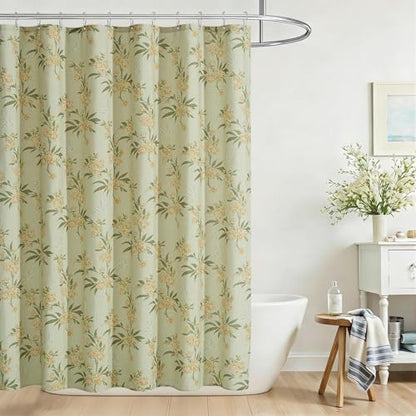 ORTIGIA Linen Shower Curtain Sage Green Floral Farmhouse Vintage Shower Curtains Boho Rustic Block Print Cottagecore Decor for Bathroom 72 W x 72 L