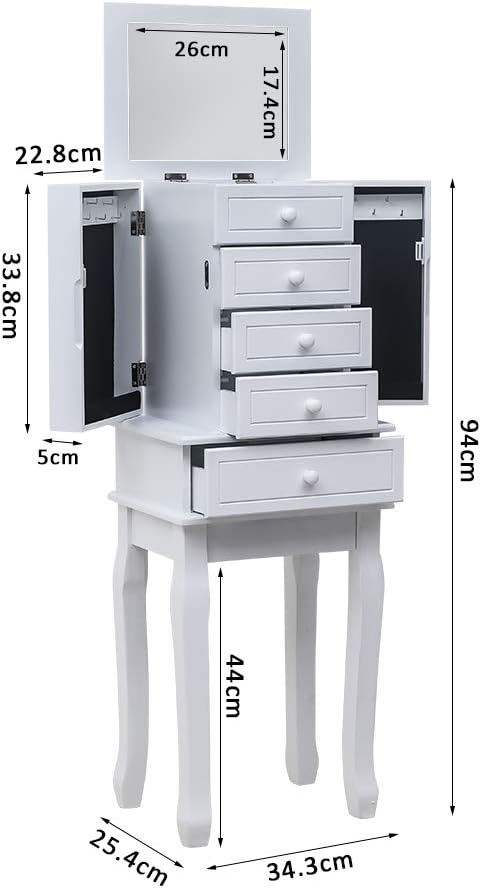 Standing Jewelry Armoire with Mirror, 5 Drawers & 14 Necklace Hooks, Jewelry Cabinet Chest with Removable Ring Storage Slot and Top Storage Organizer, 2 Side Swing Doors