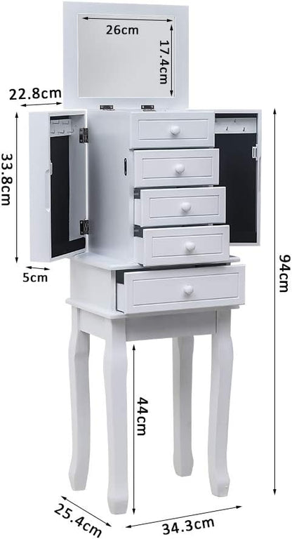 Standing Jewelry Armoire with Mirror, 5 Drawers & 14 Necklace Hooks, Jewelry Cabinet Chest with Removable Ring Storage Slot and Top Storage Organizer, 2 Side Swing Doors