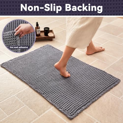Triohero Waffle Bath Mat, Boho Bathroom Rugs Non Slip, 24x48 Dark Grey