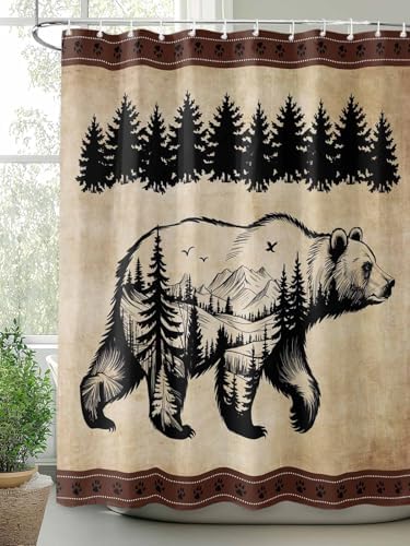 Shower Curtain Bathroom Set Bear Forest Mountains Animal Silhouette Waterproof Shower Curtains with Grommets Hooks Vintage Brown Gradient Privacy Bath Curtain for Bathtub Decor 48x72in