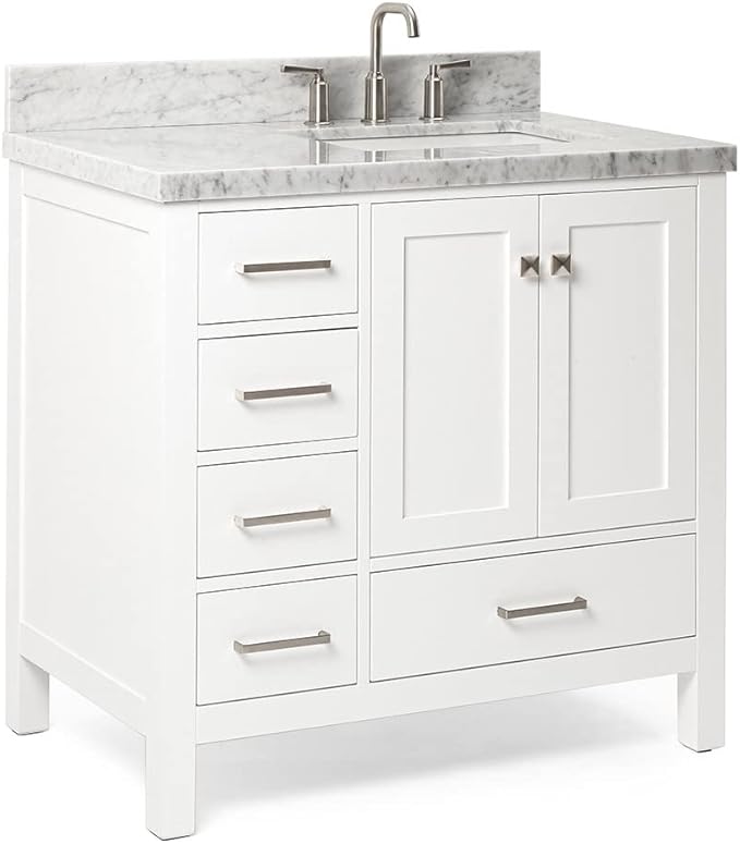 ARIEL Cambridge 36-inch Bathroom Vanity with Sink,Solid Wood, 1.5-inch Italian Carrara Marble Countertop, Single Rectangular Porcelain Sink, 2 Soft Closing Doors, 5 Dovetail Drawers, White