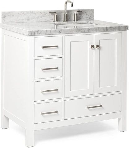 ARIEL Cambridge 36-inch Bathroom Vanity with Sink,Solid Wood, 1.5-inch Italian Carrara Marble Countertop, Single Rectangular Porcelain Sink, 2 Soft Closing Doors, 5 Dovetail Drawers, White