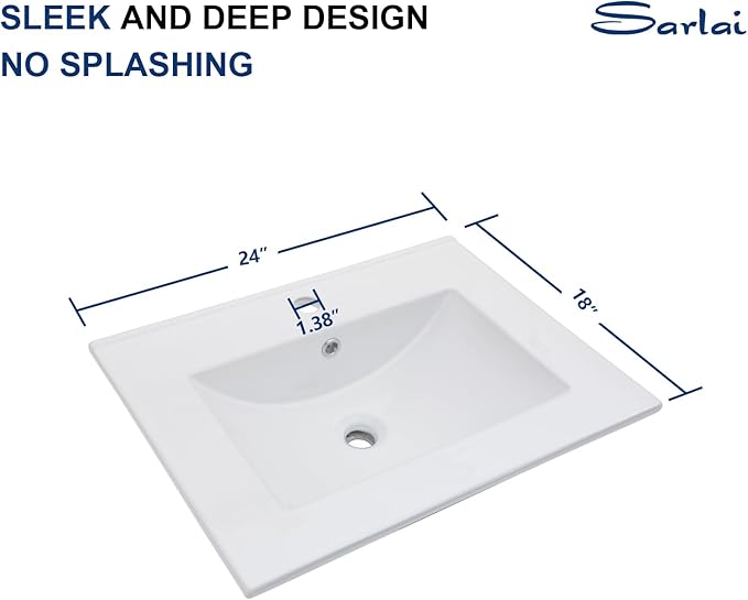 Sarlai 24 Inch Bathroom Vanity Sink Tops - White Drop In Bathroom Sink Ceramic Topmount Rectangular Vanity Top with Overflow