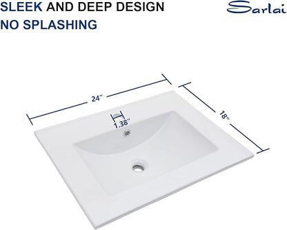 Sarlai 24 Inch Bathroom Vanity Sink Tops - White Drop In Bathroom Sink Ceramic Topmount Rectangular Vanity Top with Overflow