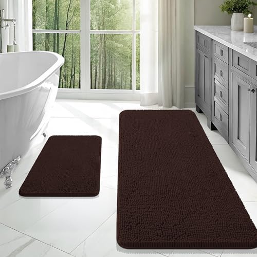 OLANLY Chenille Bathroom Rugs Mats Sets 2 Piece, 47"x20"+24"x16", Brown
