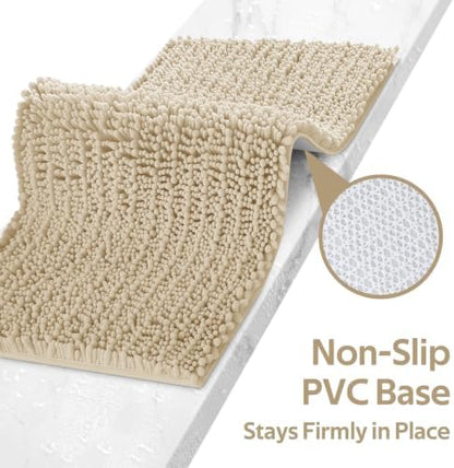 ACCUMTEK Upgrade Luxury 2 Piece Beige Toilet Bathroom Rug Mat U Shape 24"x20"+48"x20", Ultra Soft Thick Absorbent Bath Mats, Non Slip Chenille Toilet Mat for Bathroom, Bedroom, Kitchen, Shower, Tub