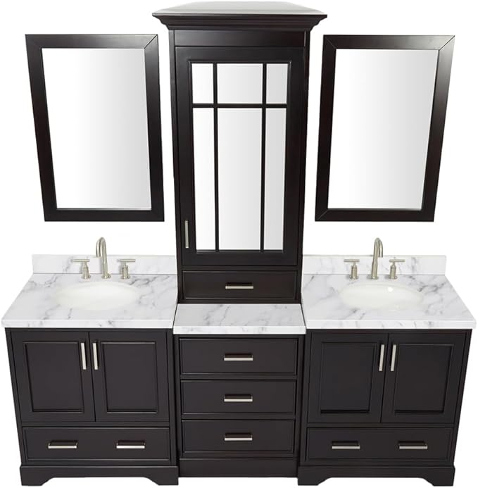 ARIEL Stafford 84-inch Bathroom Vanity with Sink,Solid Wood, 1.5-inch Italian Carrara Marble Countertop & Backsplash, Double Oval Porcelain Sink, 5 Soft Closing Doors, 6 Dovetail Drawers, Espresso