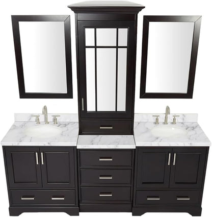 ARIEL Stafford 84-inch Bathroom Vanity with Sink,Solid Wood, 1.5-inch Italian Carrara Marble Countertop & Backsplash, Double Oval Porcelain Sink, 5 Soft Closing Doors, 6 Dovetail Drawers, Espresso