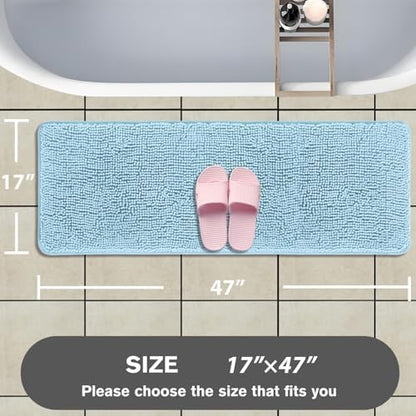 Bathroom Runner Rug 47 x 17 Inch – Long Bath Mat | Absorbent and Washable Thick Chenille Bath Rug Non-Slip Runner Rug for Bathroom, Shower, Sink(Light Blue)