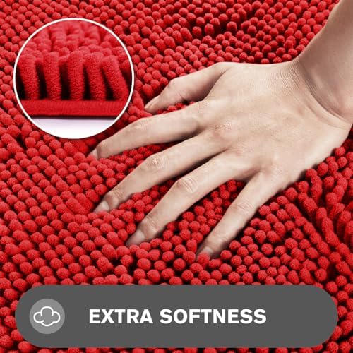 Red Bathroom Rugs – Absorbent and Washable Bath Mat, Non-Slip, Thick Soft Chenille Bath Rugs for Bathroom Floor, Shower - 17" x 24"