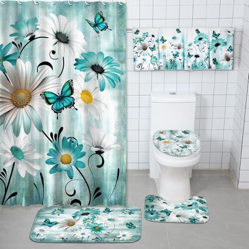 FuWeave 8 Pcs Vintage Daisy Shower Curtain Set Bathroom Decor Daisy Waterproof Bathroom Accessories Shower Curtain Sets with Towels Carpet Bath Mat Toilet Rugs and 12 Hooks