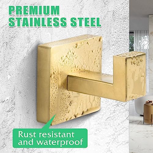 Heavy Duty Stainless Steel Towel Hooks, Wall Mounted Square Robe Hooks for Bathroom, Kitchen, Bedroom, Hotel Brushed Gold 2 Pack