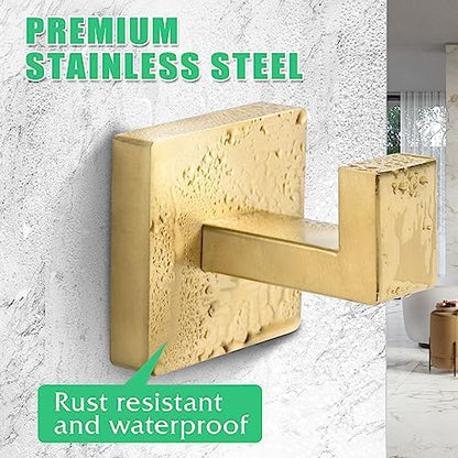 Heavy Duty Stainless Steel Towel Hooks, Wall Mounted Square Robe Hooks for Bathroom, Kitchen, Bedroom, Hotel Brushed Gold 2 Pack