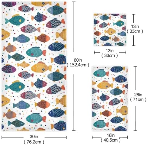 Naanle Stylish Decorative Fishes Pattern Soft Luxury Decorative Set of 3 Towels, 1 Bath Towel+1 Hand Towel+1 Washcloth, Multipurpose for Bathroom, Hotel, Gym, Spa and Beach