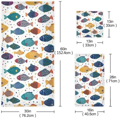Naanle Stylish Decorative Fishes Pattern Soft Luxury Decorative Set of 3 Towels, 1 Bath Towel+1 Hand Towel+1 Washcloth, Multipurpose for Bathroom, Hotel, Gym, Spa and Beach