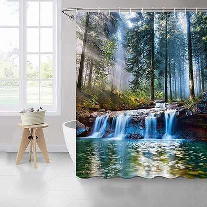 Waterfalls Shower Curtains Outdoor Natural Scenery Forest Sunshine Tree Plant Landscape Courtyard Bathroom Decor Polyester Fabric Curtain Set 80 x 70 Inch with Hooks