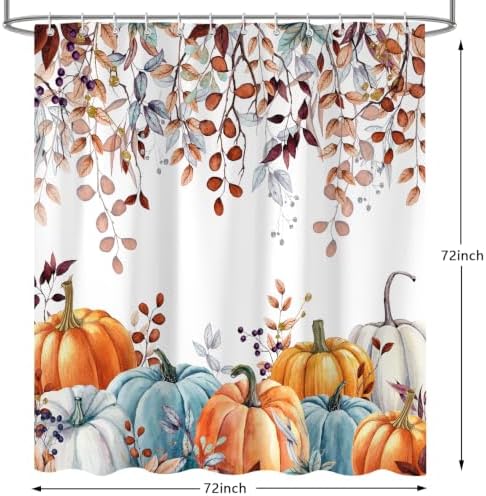 Fall Shower Curtains for Bathroom, Thanksgiving Pumpkins Autumn Leaves Shower Curtain Set with Hooks, Blue Orange Waterproof Fabric Fall Bathroom Decor Accessories, 72 x 72 Inch
