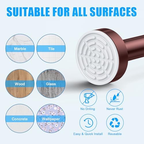 TEECK Shower Curtain Rod, 32-104 inch Adjustable Spring Tension Curtain Rod, Never Rust Anti-Slip Shower Curtain Rod for Bathroom, No Drilling, Never Collapse, Easy to Use, Brown