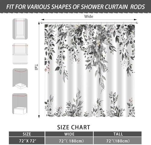 Eucalyptus Shower Curtain, Abstract Aesthetic Art Watercolor Plant Leaves with Floral Bathroom Decor, Waterproof Fabric Cloth Bath Curtain Set with Hooks (Dark Gray, 72x72 Inches)