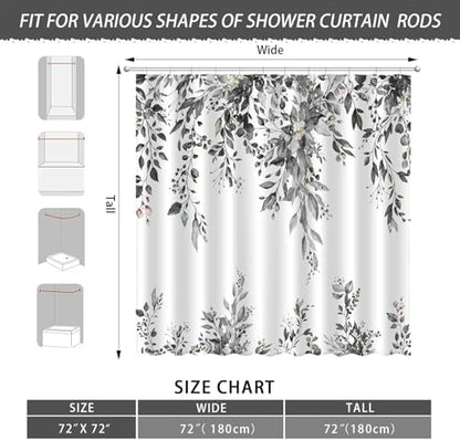 Eucalyptus Shower Curtain, Abstract Aesthetic Art Watercolor Plant Leaves with Floral Bathroom Decor, Waterproof Fabric Cloth Bath Curtain Set with Hooks (Dark Gray, 72x72 Inches)