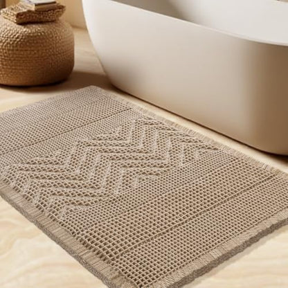 Waffle Bath Mat, Boho Woven Modern Bath Rug Absorbent Non Slip, Ultra Soft Bathroom Mats, Machine Washable Knit Bath Rugs Vertical Stripes with Ripples for Bathroom, Bedroom, Shower, 32"x20", Beige