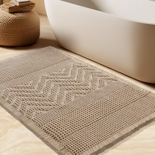 Waffle Bath Mat, Boho Woven Modern Bath Rug Absorbent Non Slip, Ultra Soft Bathroom Mats, Machine Washable Knit Bath Rugs Vertical Stripes with Ripples for Bathroom, Bedroom, Kitchen, 36"x24", Beige
