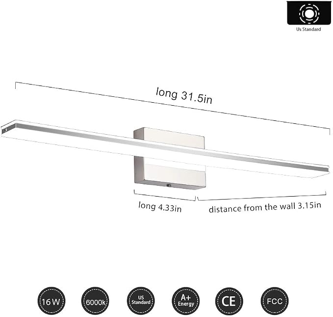 Modern Vanity Light Bar 16W Over Mirror Lights Fixtures for Bathroom Indoor LED Bath Vanity Light Chrome Bathroom Lighting Acrylic Wall Lights Fixtures for Restroom Bedroom Living Room 6000K