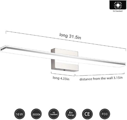 Modern Vanity Light Bar 16W Over Mirror Lights Fixtures for Bathroom Indoor LED Bath Vanity Light Chrome Bathroom Lighting Acrylic Wall Lights Fixtures for Restroom Bedroom Living Room 6000K