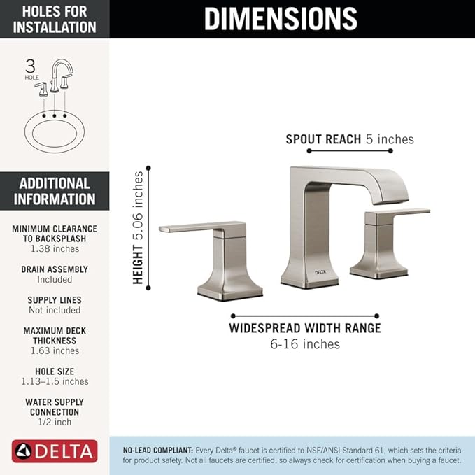 Delta Velum Brushed Nickel Bathroom Faucet 3 Hole, 8 Inch Widespread Bathroom Sink Faucet for Vanity, Metal Push-Pop Drain Assembly, Stainless 3539LF-SSMPU