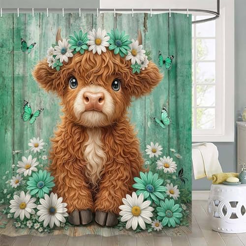 Cute Cow Shower Curtain, Farmhouse Rustic Green Floral Daisy Highland Cow Shower Curtains for Bathroom, Calf Country Farm Animal Garden Plant Fabric Bathroom Decor with Hooks, 36x72 inch