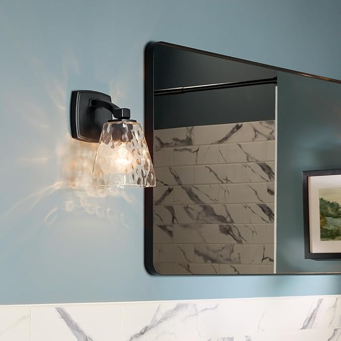 Kichler Marant 5" 1-Light Wall Sconce with Clear Water Glass in Black, for Bathroom, Powder Room, Hallways, (5" W x 9.5" H), 55214BKWTR