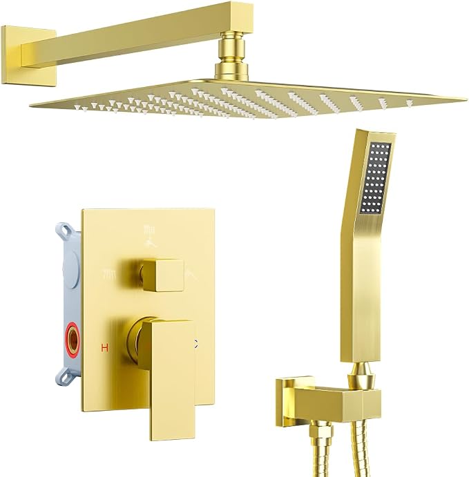 Shower System Shower Faucet Set, STARBATH 10" Wall Mount Rain Shower Head and Handheld Spray for Two Person, Rainfall Shower System with Diverter Valve and Trim Kit Complete,Brushed Gold