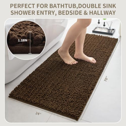 Bathroom Rugs Non Slip Washable 70x24, Extra Thick Soft Chenille Absorbent Bath Mat, High Density Barrier Non Slip Backing, Quick Dry Plush Shaggy Floor Carpet for Tub&Shower, Brown