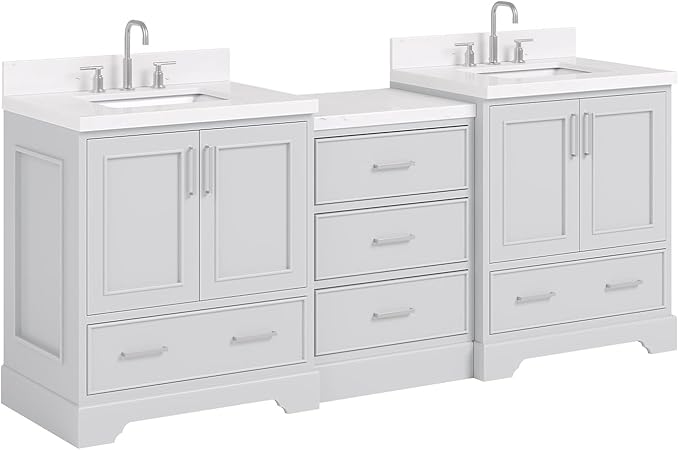ARIEL Stafford 84-inch Bathroom Vanity with Sink,Solid Wood, 1.5in Carrara White Quartz Countertop & Backsplash, Double Rectangular Porcelain Sink, 4 Soft Closing Doors, 5 Dovetail Drawers, Grey