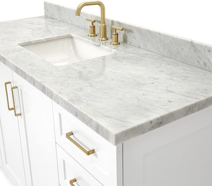 Emilia 60 Inch Bathroom Vanity Single Sink — White Bathroom Vanity with Sink, 1.5" Edge Italian Carrara Marble Countertop, Solid Wood, 2 Soft-Close Doors, 9 Dovetail Drawers