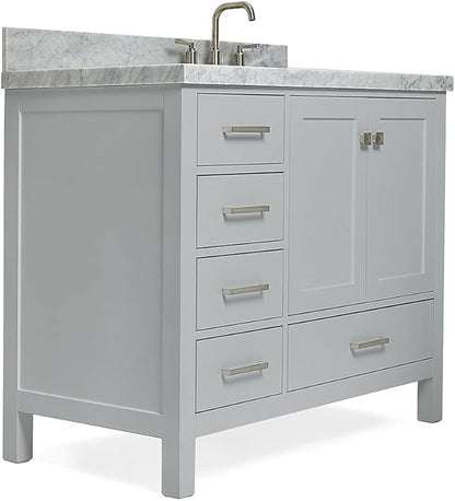ARIEL Cambridge 42-inch Bathroom Vanity with Sink,Solid Wood, 1.5-inch Italian Carrara Marble Countertop, Single Rectangular Porcelain Sink, 2 Soft Closing Doors, 5 Dovetail Drawers, Grey