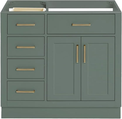 ARIEL Hepburn 36-inch Bathroom Vanity Base Cabinet,Solid Wood, 2 Soft Closing Doors, 5 Dovetail Drawers, Vintage Green