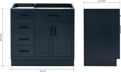 ARIEL Hepburn 36-inch Bathroom Vanity Base Cabinet,Solid Wood, 2 Soft Closing Doors, 5 Dovetail Drawers, Midnight Blue