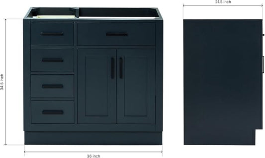 ARIEL Hepburn 36-inch Bathroom Vanity Base Cabinet,Solid Wood, 2 Soft Closing Doors, 5 Dovetail Drawers, Midnight Blue