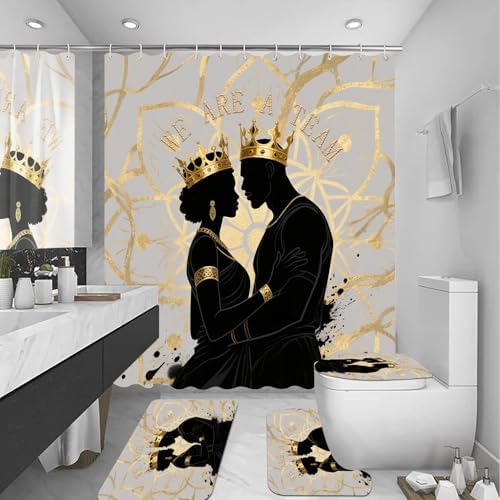 4PCS Boho Black King Queen Shower Curtain Set with Waterproof Shower Curtain Non-Slip Bath Mat Rug Toilet Lid Cover, Romantic African American Black Man Woman Fathers Day Bathroom Decor Set