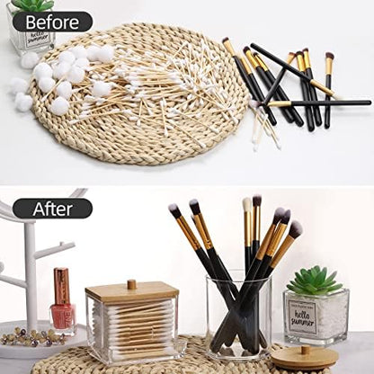 Tbestmax Qtips Holder Bathroom Container, 10/7 OZ Cotton Ball/Swabs Dispenser, Apothecary Jar Organizer for Storage Wood Lids