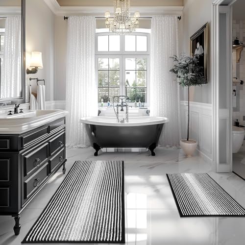 BSICPRO Bathroom Rugs Sets 2 Piece, Non Slip Striped Bath Mats, Black