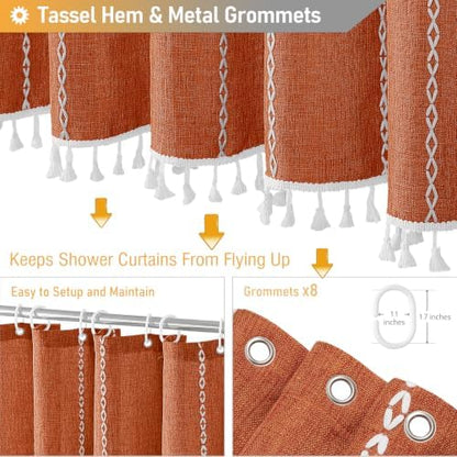 BTTN 48 x 72 Boho Linen Heavy Duty Cloth Shower Curtain Set, Burnt Orange